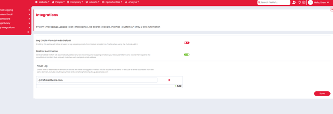 System's email logging settings page in Integrations