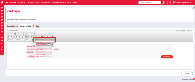 Screenshot: Advert Details tab with merge fields