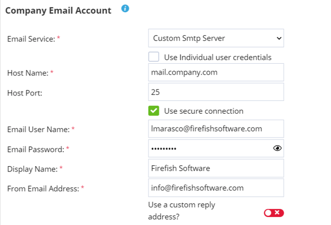 System Emails: Custom SMTP Server Setup screen