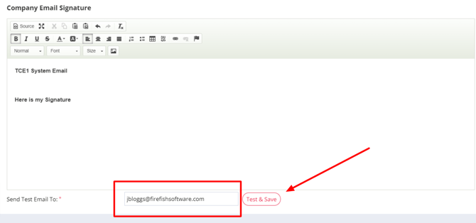email signature and test and save button