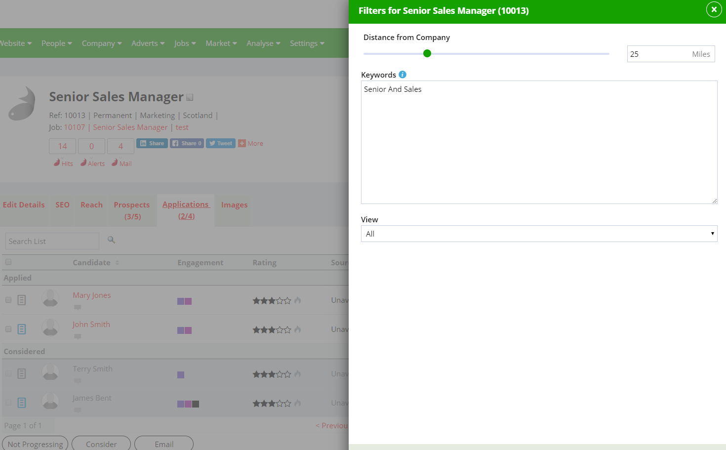Screenshot: Filter panel showing available options