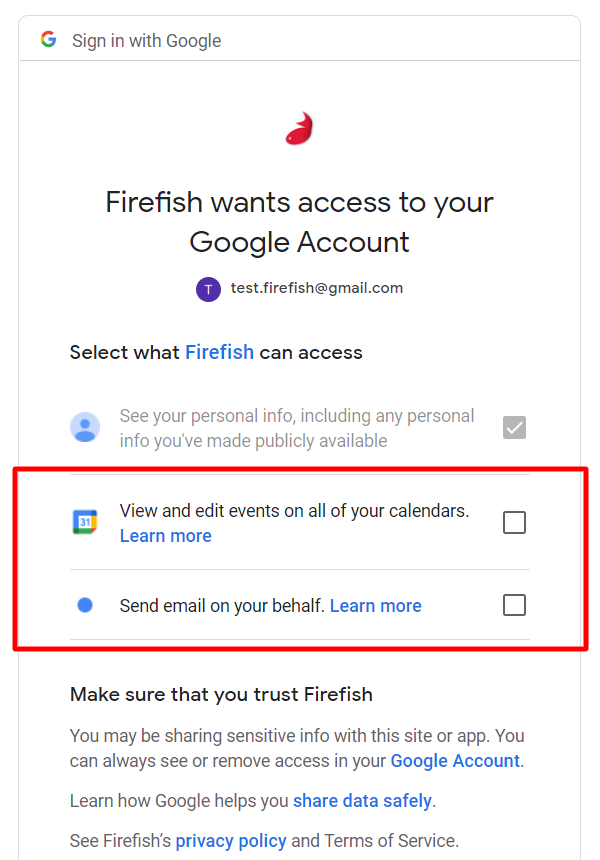 GMail Permissions request screenshot