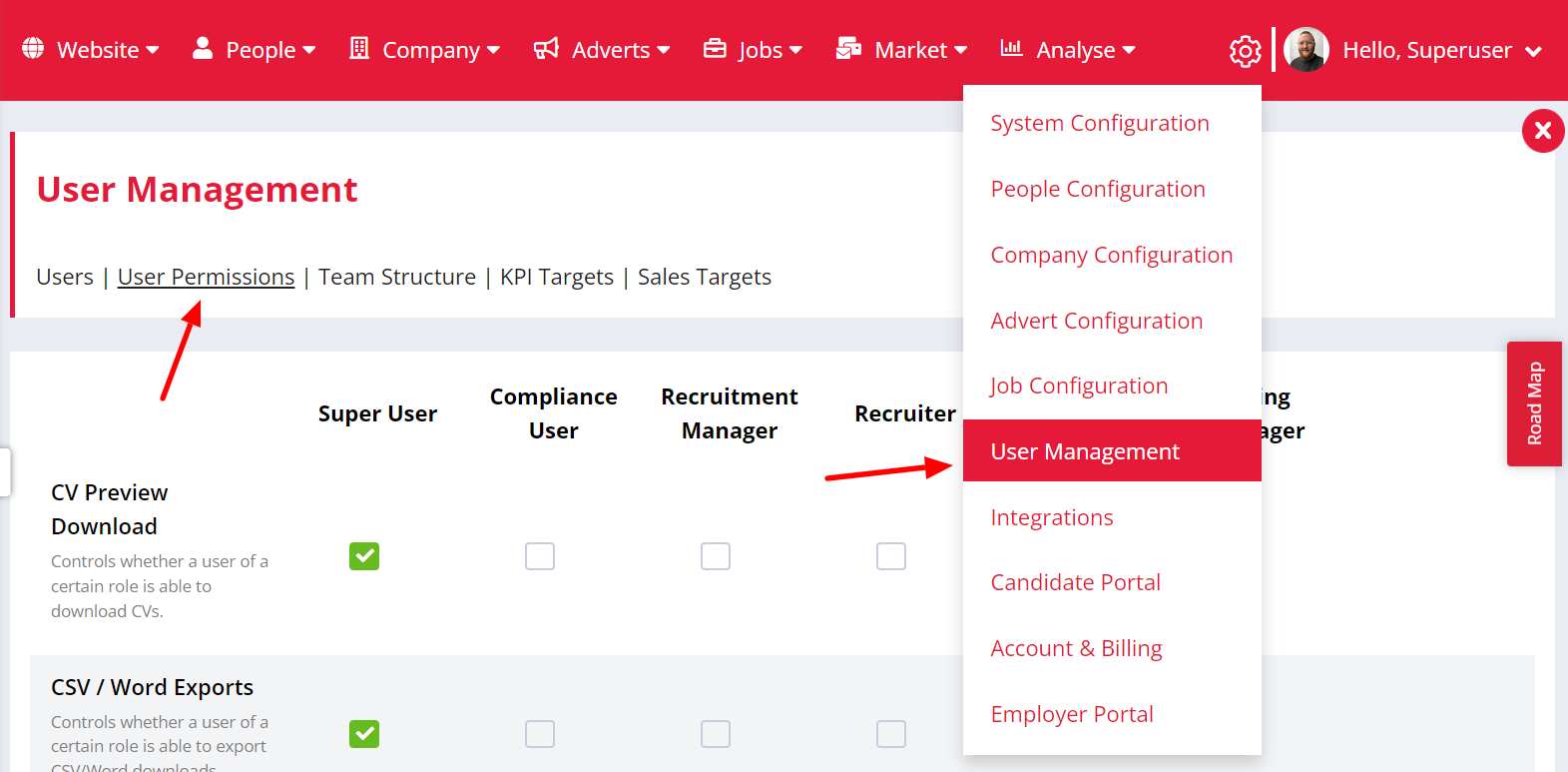 Screenshot User Permissions location in the settings menu