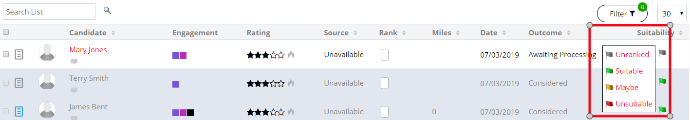 Screenshot: Suitability flag icons on candidate rows