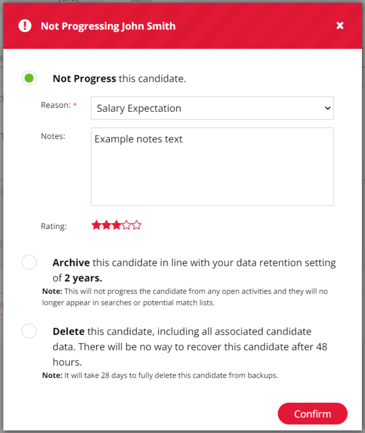 Screenshot: Advert action options and confirmation email prompt
