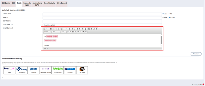 Screenshot: Mailshot editor