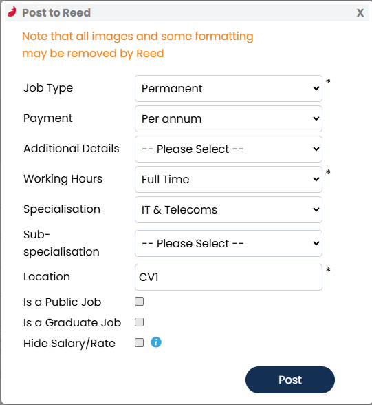 Screenshot: Posting fields screen
