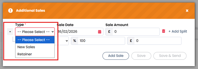 Screenshot: Add Sale modal and sales type dropdown