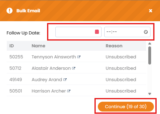 Bulk email popup showing excluded records and follow-up date field