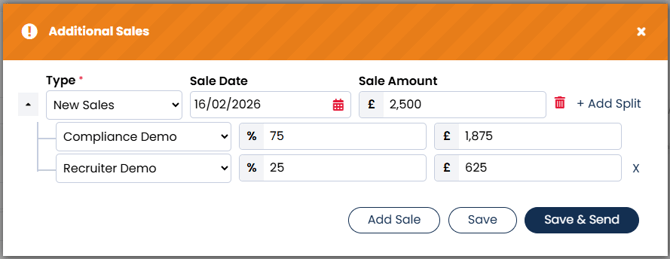 Screenshot: Adding sales splits and auto-calculations