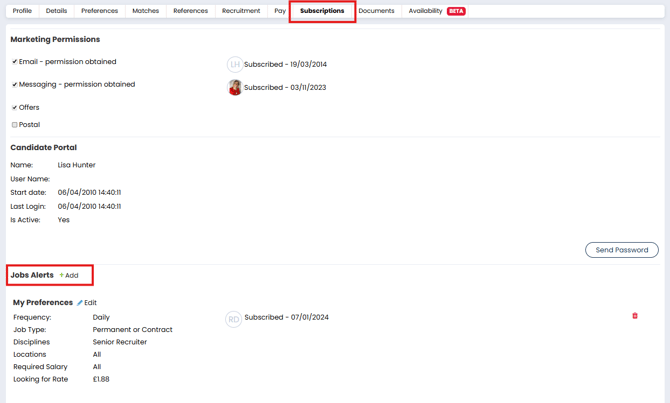 Screenshot: Candidate record > Subscriptions tab
