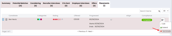 Screenshot: Terminate option from placement cog