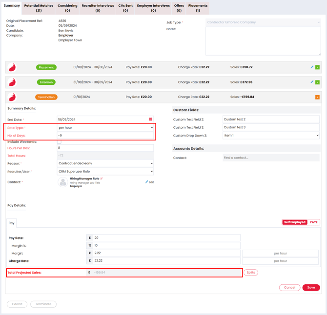 Screenshot: Termination editing screen