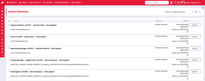 Screenshot: Advert Renewal list