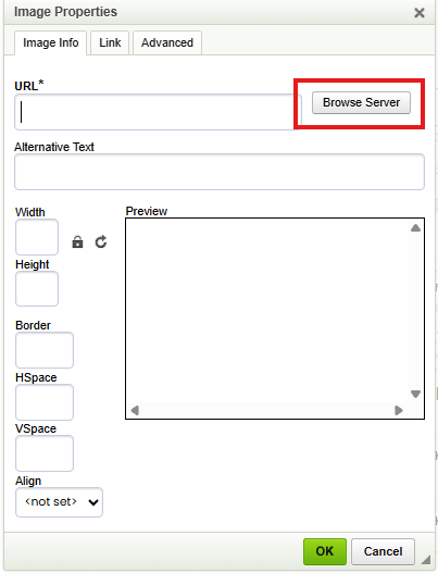 Image Properties Windows Highlighting the Browser Server Option