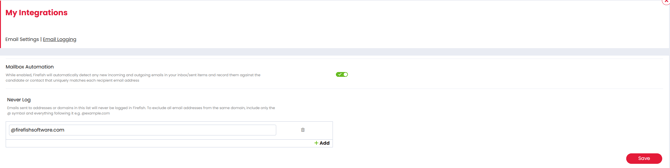 User's email logging page in My Integrations