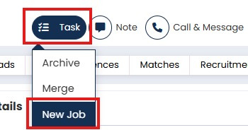 Screenshot: Contact record with Task > New Job highlighted