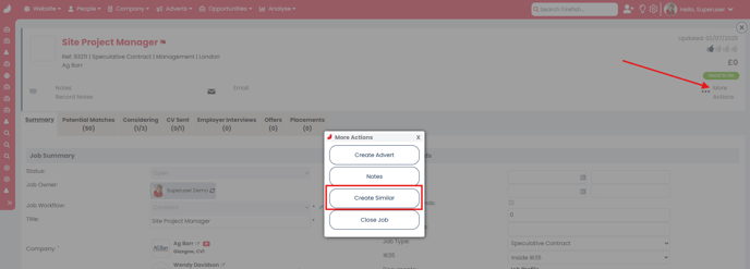 Screenshot: Job record with Create Similar option highlighted