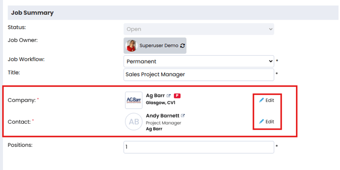 Screenshot: Company and Contact edit options