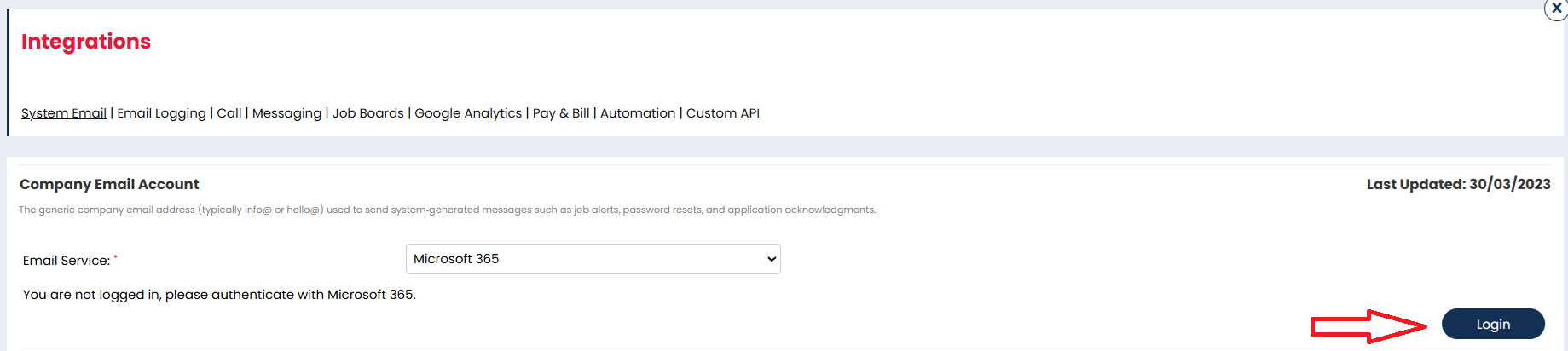 The system integrations page, on the system email tab, with an arrow pointing to the login button