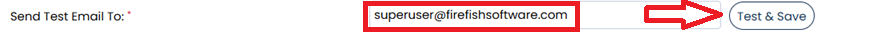 The image shows the highlighted test email field on My Integrations, and an arrow pointing to the test & save button