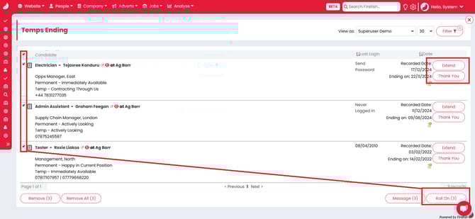Screenshot: Selecting multiple contracts to roll on