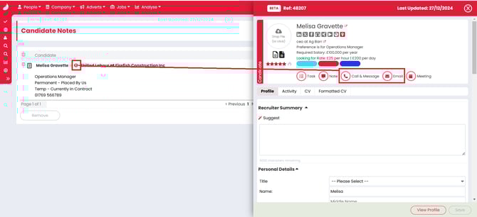 Screenshot: Candidate side panel communication options