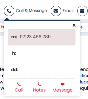 An image showing the options when you press 'call & message' on a candidate record