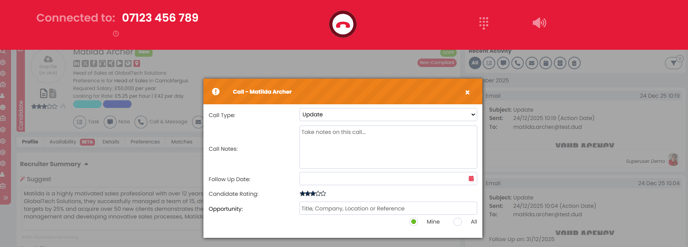 An example of what the screen will look like when you click to call a candidate
