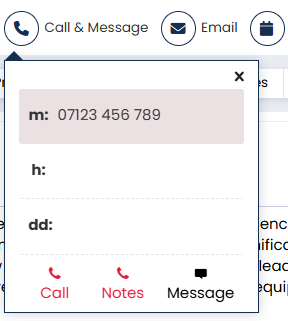 An image showing the options when you press 'call & message' on a candidate record