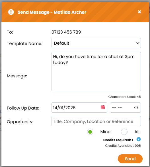 A pop-up showing the send message pop-up on a candidate record