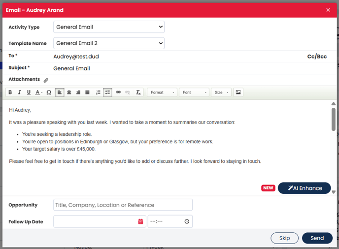 An image showing the email pop-out when opened from a candidate record