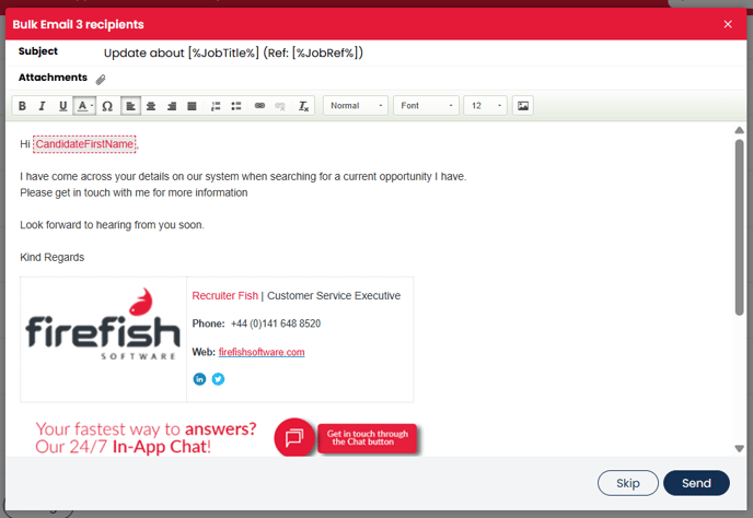 An image showing the email pop-up when opened from a job