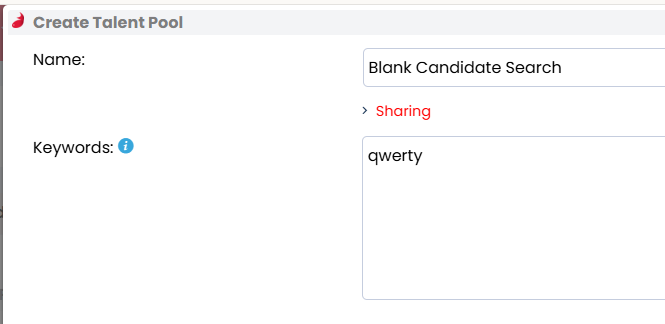 a screenshot showing the letters 'qwerty' in the Keywords field