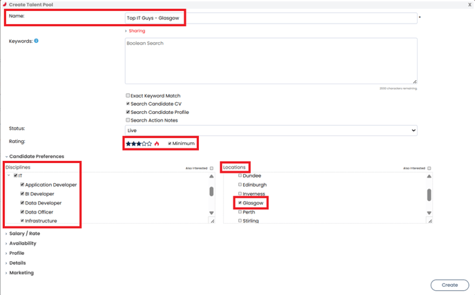 a screenshot showing the talent pool pop-up and some example criteria