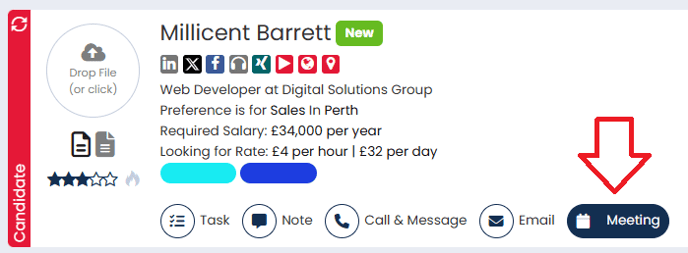 a screenshot with an arrow pointing to the meetings button in the candidate header