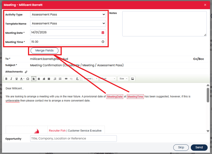 a screenshot showing the meeting pop-up on a candidate record