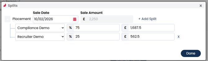 Screenshot: Splits modal on Placement Summary