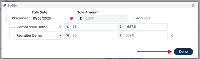 Screenshot: Splits modal Done button location