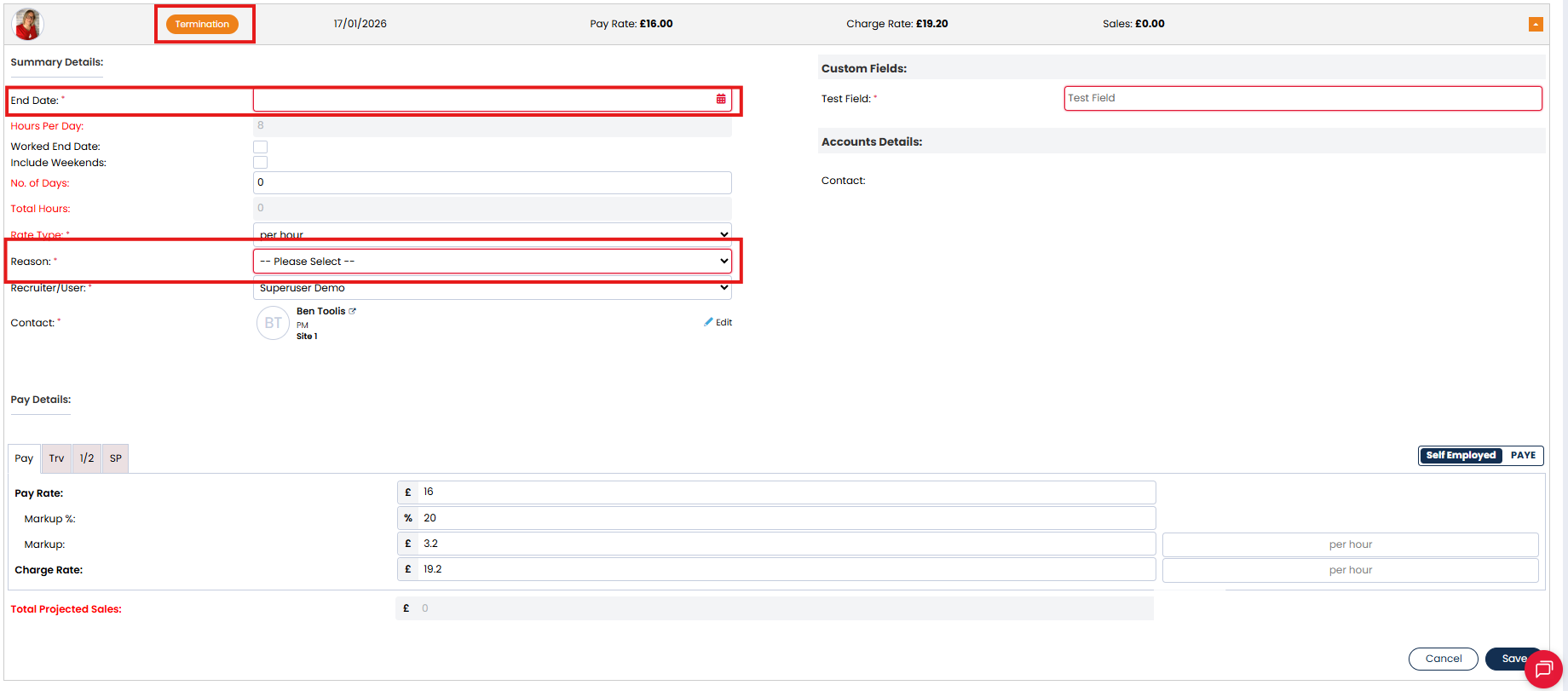 Screenshot: Termination Summary edit mode