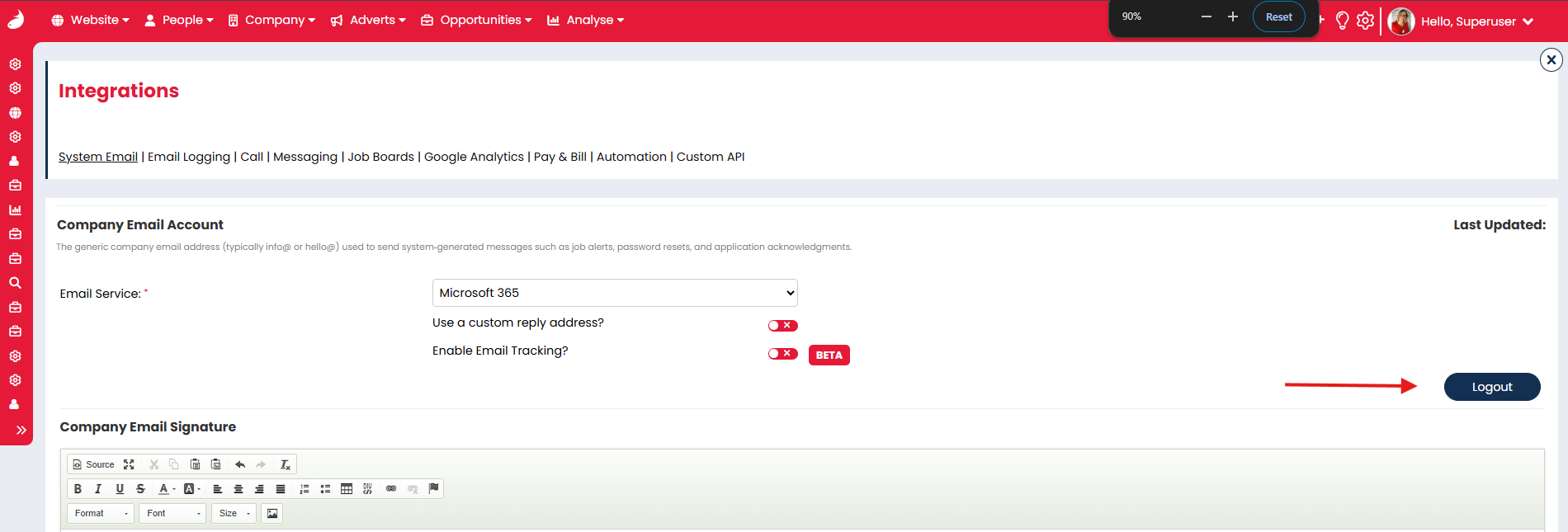 Screenshot: System email integrations page with arrow pointing to ‘Logout’