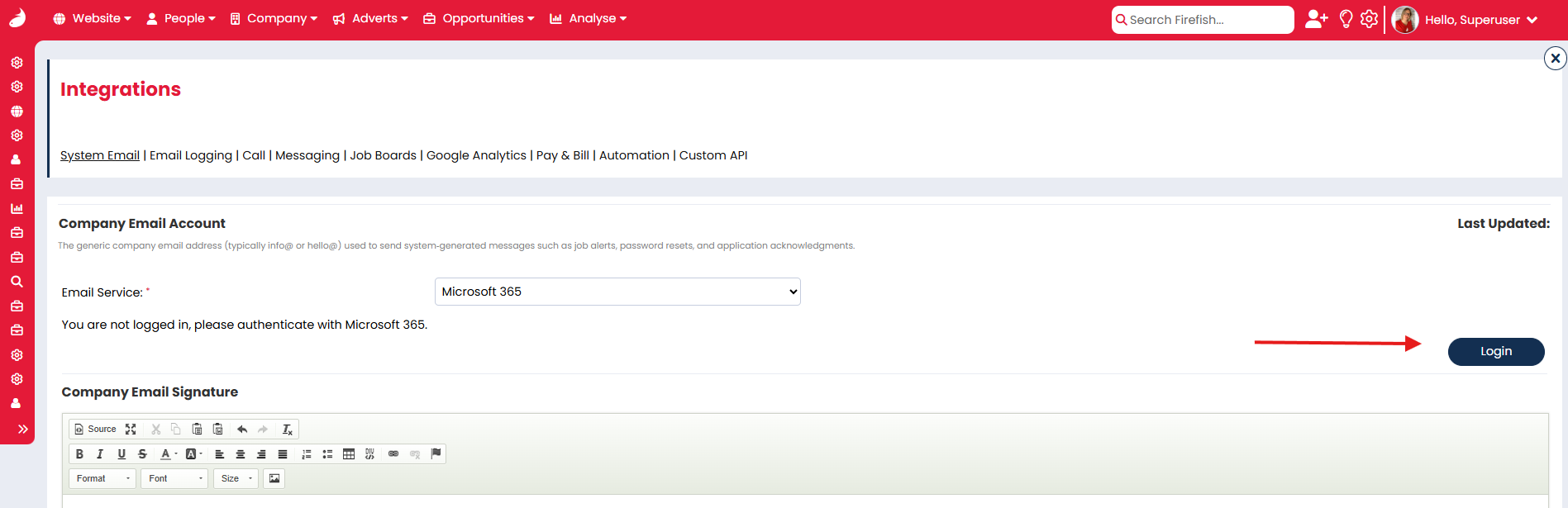 Screenshot: System email integrations page with arrow pointing to ‘Login’