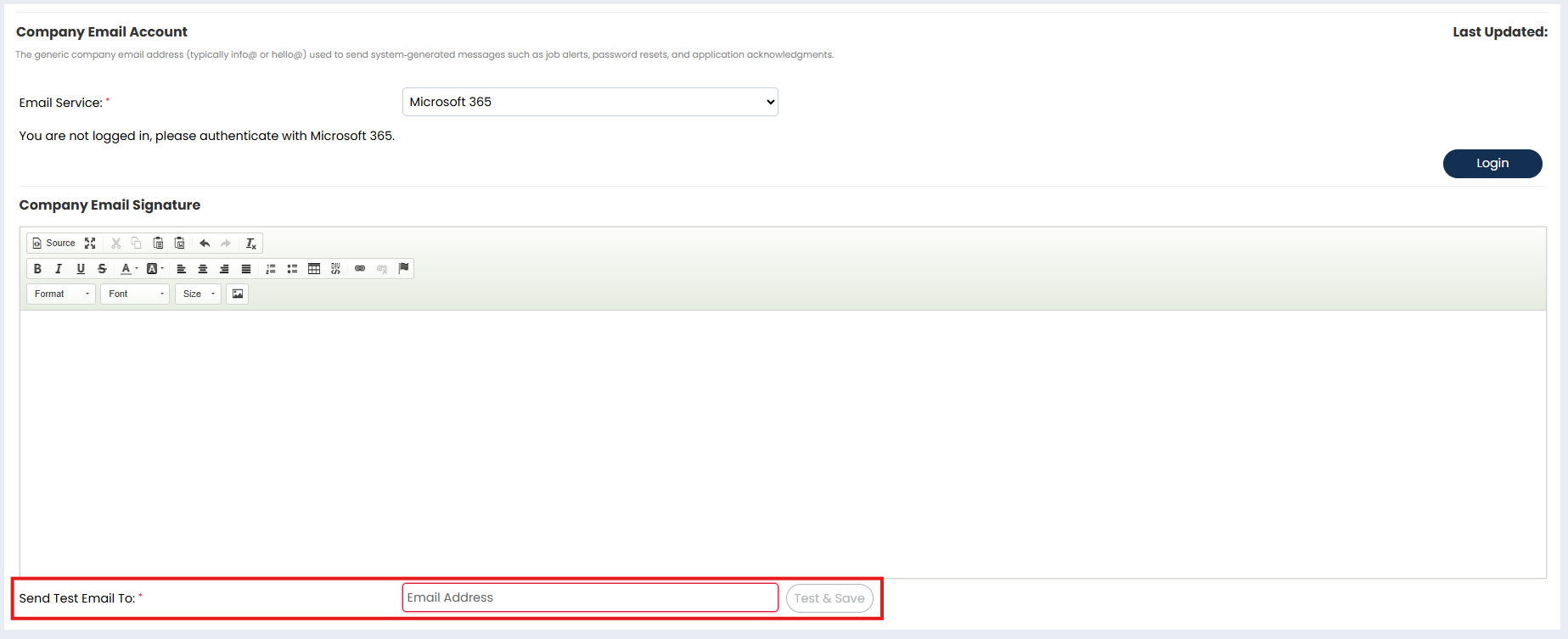 Screenshot: Test email field with arrow pointing to ‘Test & Save’
