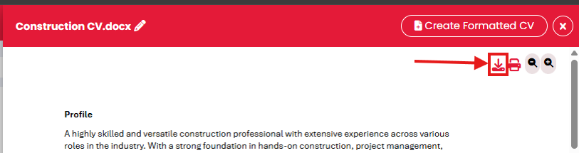 Screenshot: CV download button on a candidate record