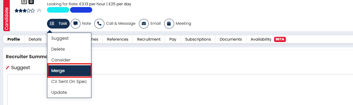 Screenshot: Candidate merge option within a candidate record