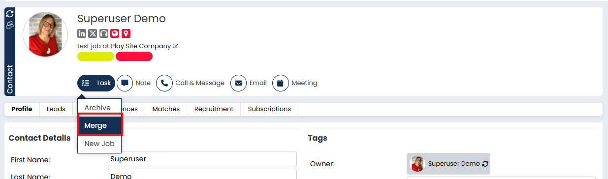 Screenshot: Contact merge option within a contact record