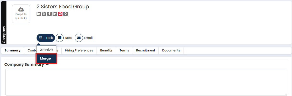 Screenshot: Company merge option within a company record