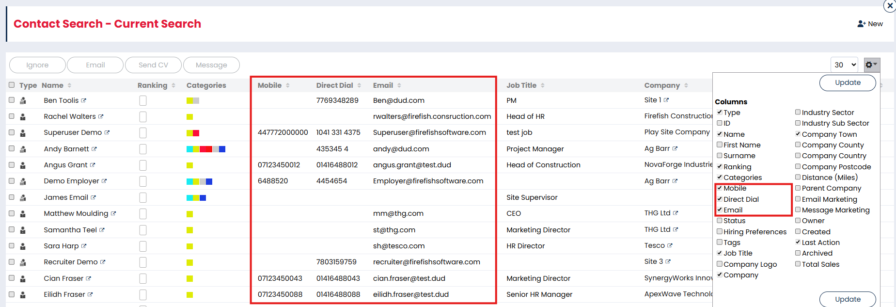 Screenshot: Contact Search results showing Email and Phone columns