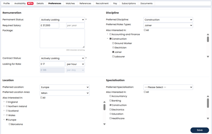 An example candidate preferences tab