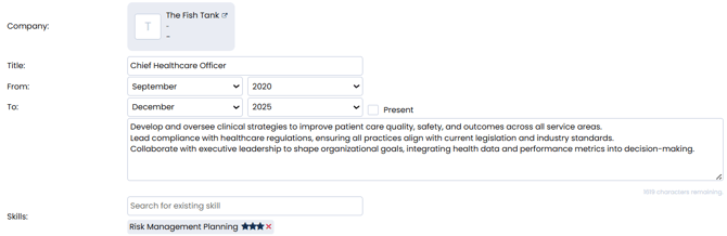 An image showing the employment history section when creating a new iteration